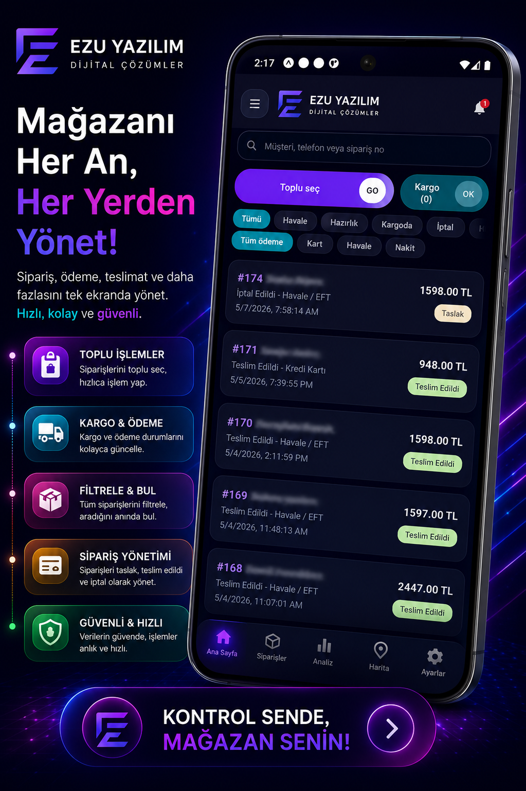 Mobil panel sipariş yönetimi ekranı